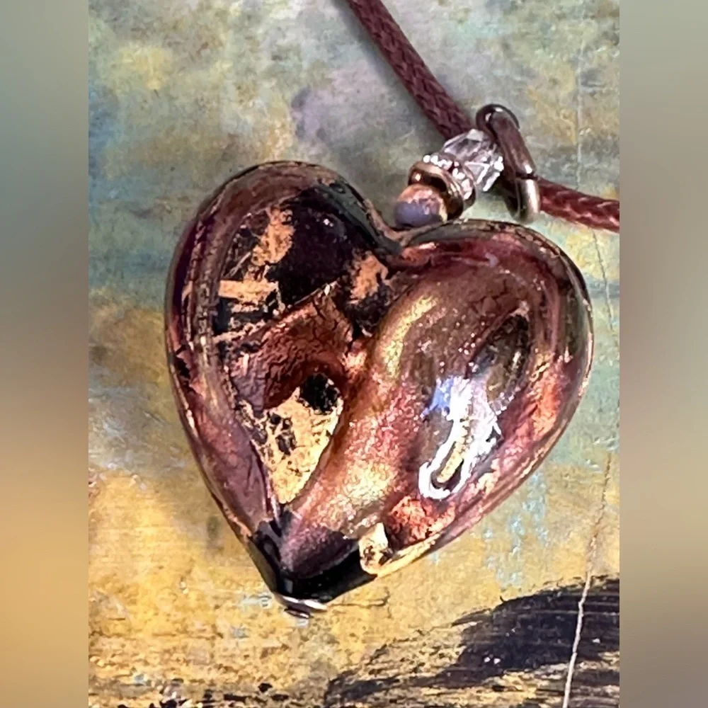 Hand Crafted Heart Pendant Necklace Puffy Blown Art Glass Brown 16-18 Chain 5518